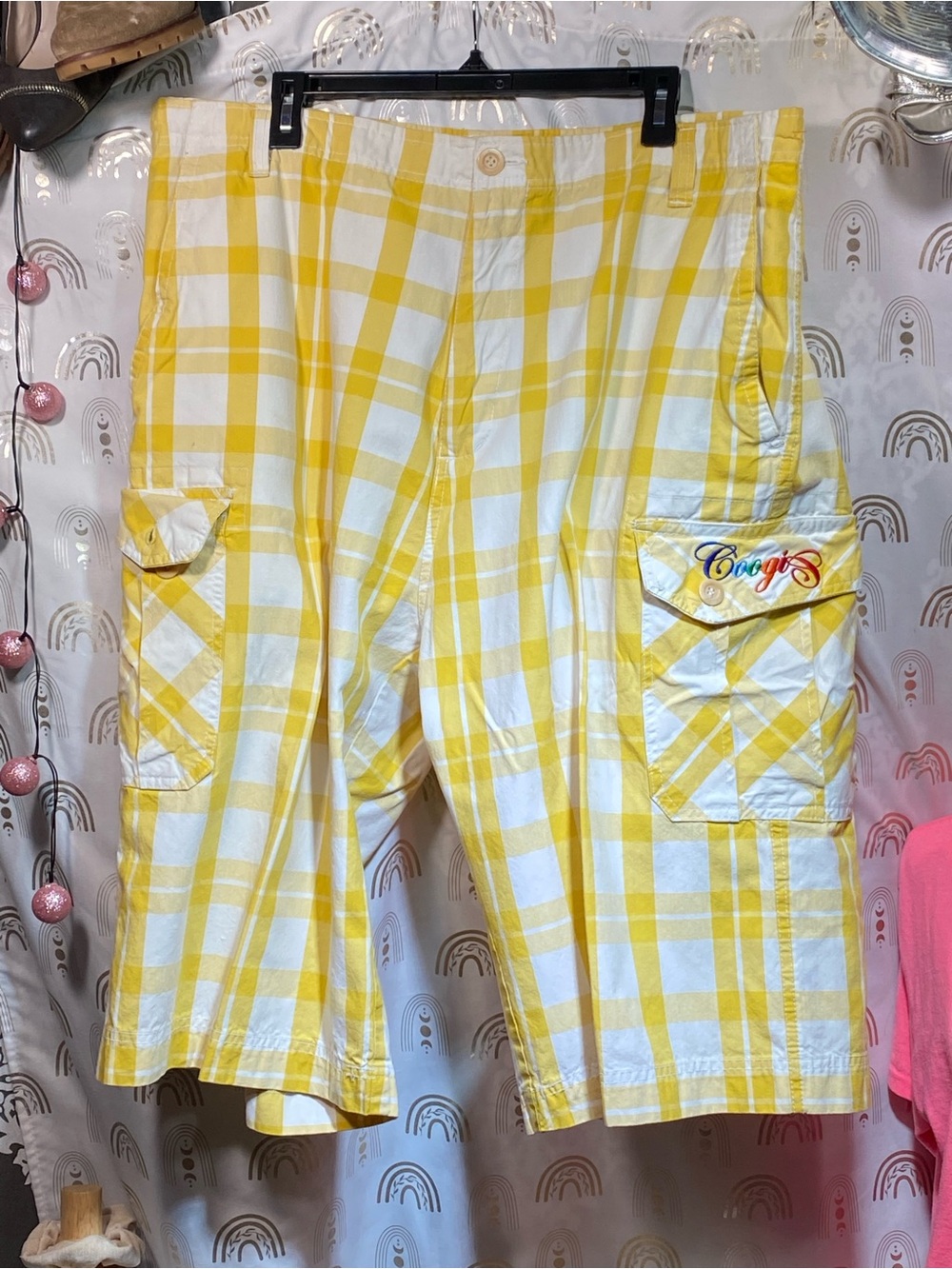 COOGI Yellow and White Plaid Cargo Shorts - Men